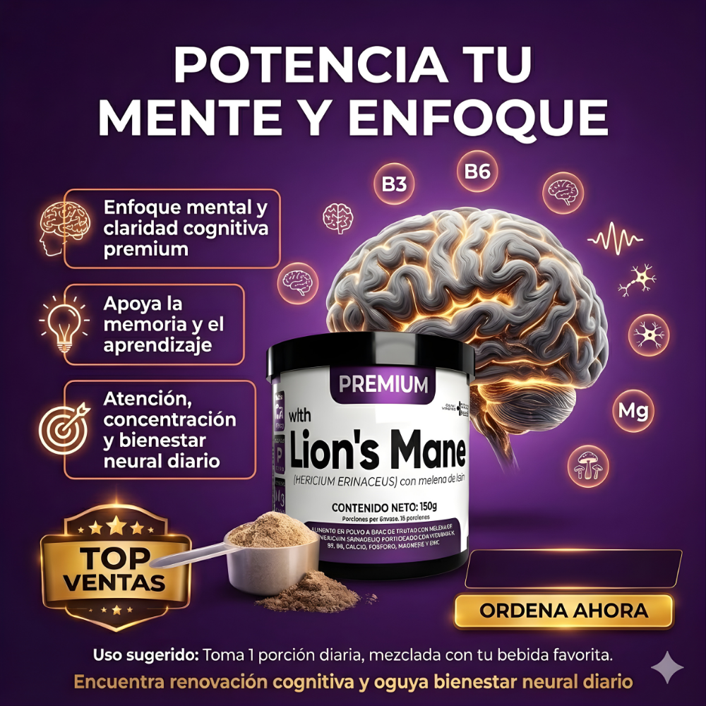 NeuroLion™️ – Melena de León con Registro Invima, Potencia tu Memoria, Enfoque y Rendimiento Mental Natural