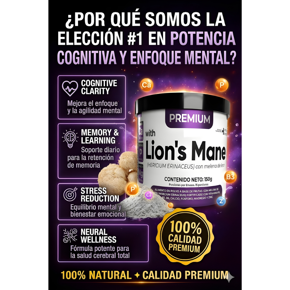NeuroLion™️ – Melena de León con Registro Invima, Potencia tu Memoria, Enfoque y Rendimiento Mental Natural
